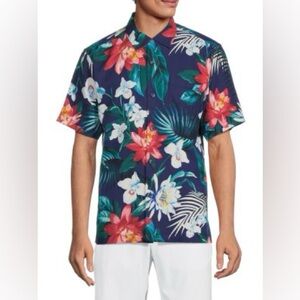 TOMMY BAHAMA Crescent Grove Tropical Print 100% Silk Shirt Kingdom Blue Large